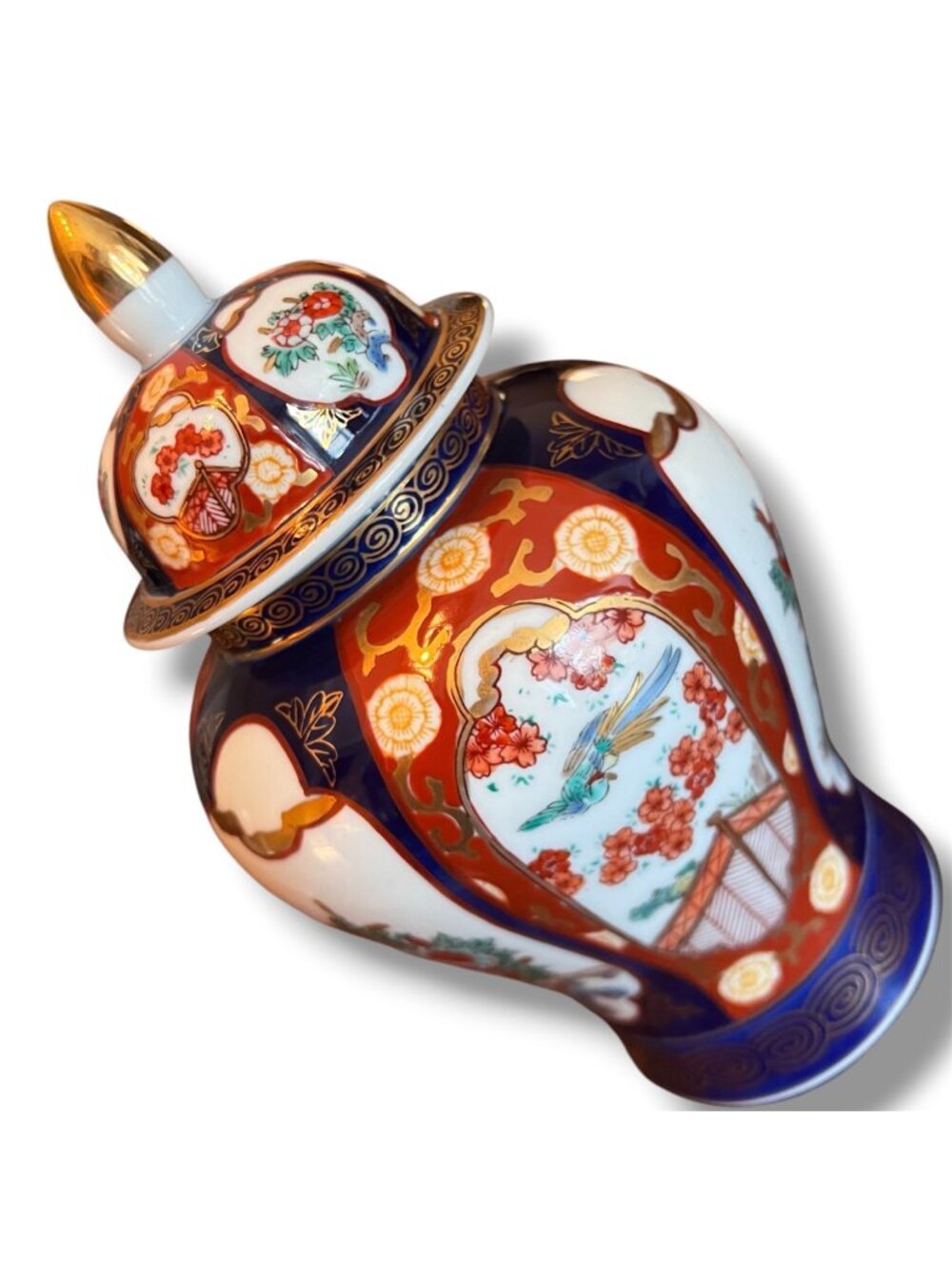 Vintage Gold Imari Hand-Painted Porcelain Ginger Jar With Lid Red & Blue Floral